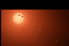 Vue d'artiste du système TRAPPIST-1 où 2 exoplanètes sur 7 transitent devant l'étoile.